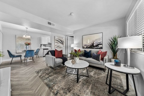 our apartments offer a living room with a sofa coffee table and dining table