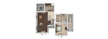 A floor plan of a two-story apartment with a living room, kitchen, and bathrooms.