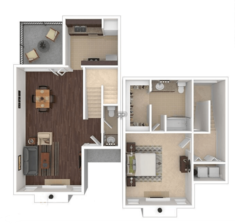 A floor plan of a two-story apartment with a living room, kitchen, and bathrooms.