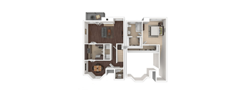 A floor plan of a two-story residential building with a living room, kitchen, and multiple bedrooms.
