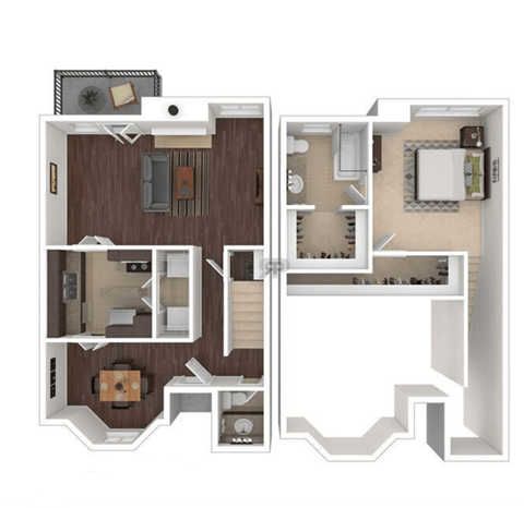 A floor plan of a two-story residential building with a living room, kitchen, and multiple bedrooms.