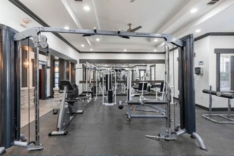 A gym with a variety of equipment including a treadmill, a stationary bike, and a rowing machine.