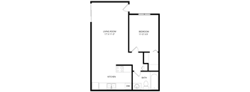 a floor plan of a 1 bedroom floor plan with a bathroom and a kitchen
