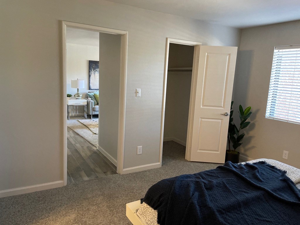 a bedroom with a bed and two closet doors