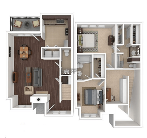 A floor plan of a house with a kitchen, living room, and bathroom.