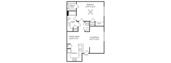a floor plan of a studio apartment with a bedroom and a living room