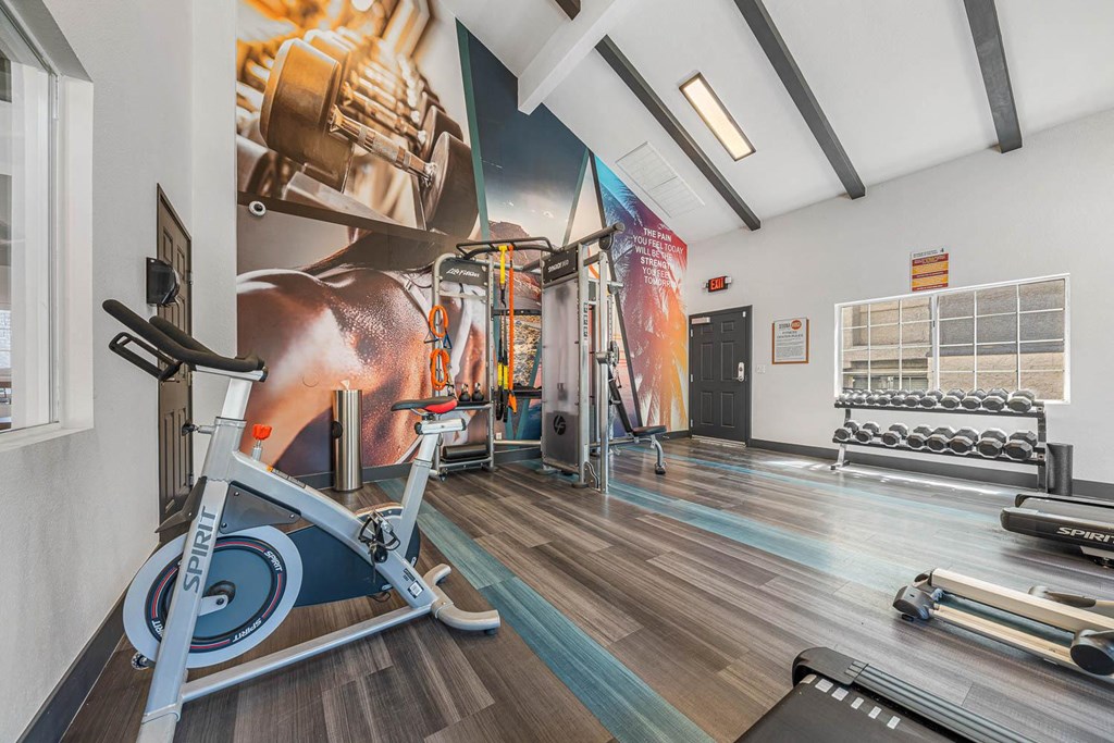 a home gym with a mural of a cow on the wall