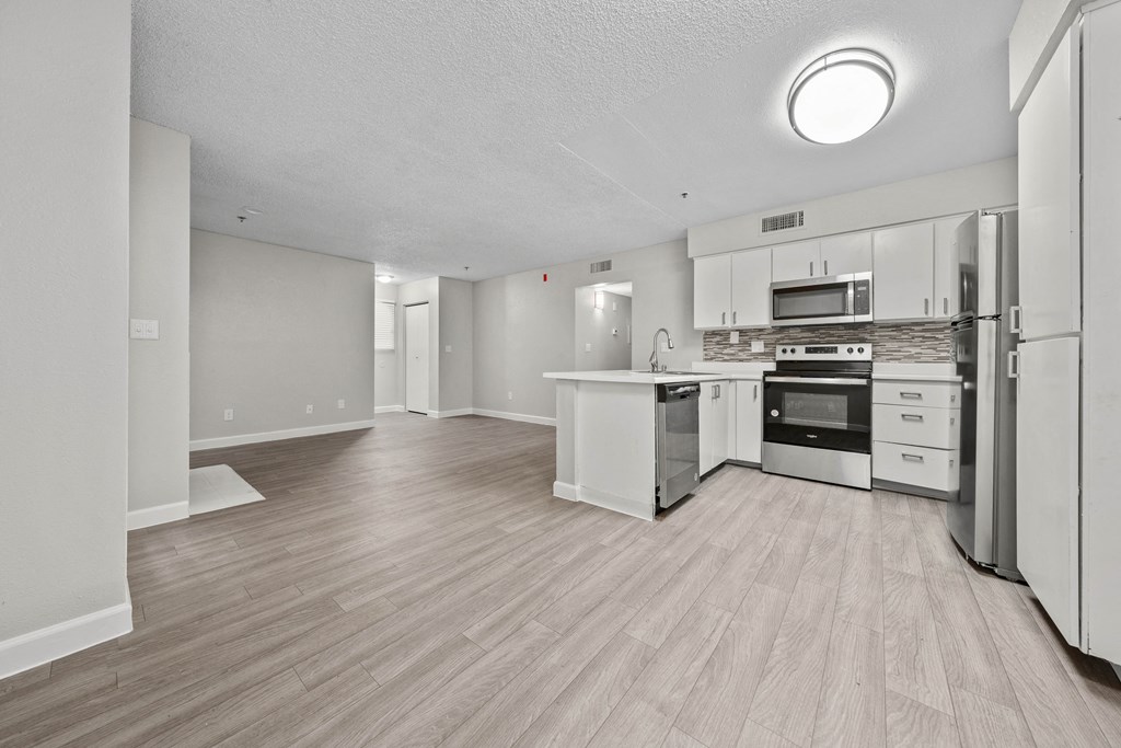 a kitchen and living room in a 555 waverly unit