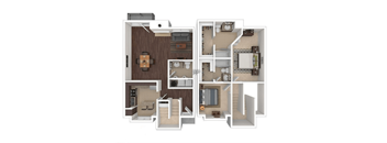 A floor plan of a two-bedroom apartment with a living room, kitchen, and bathroom.
