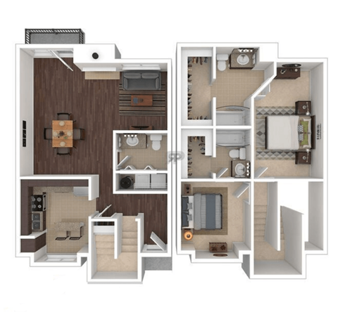 A floor plan of a two-bedroom apartment with a living room, kitchen, and bathroom.