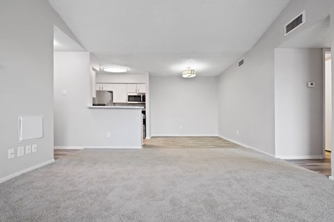 an empty living room with a kitchen in the background