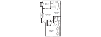 a floor plan of a studio apartment with a bedroom and a living room