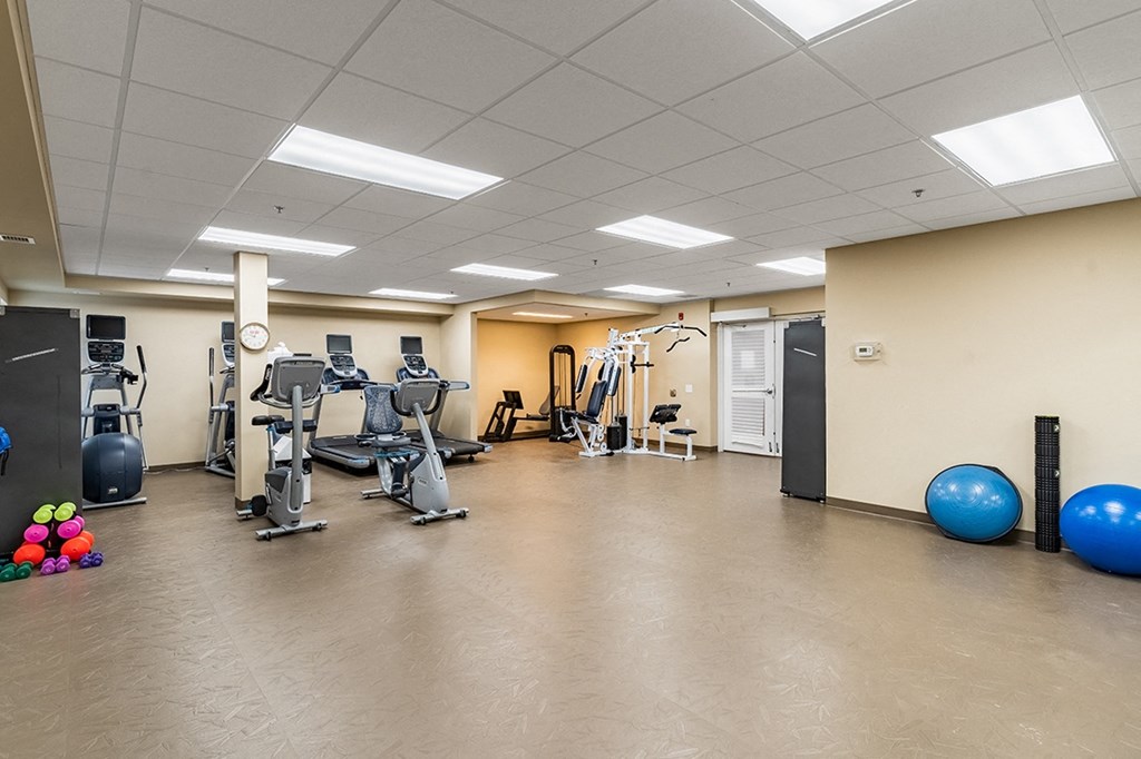 a fitness room with treadmills and other exercise equipment
