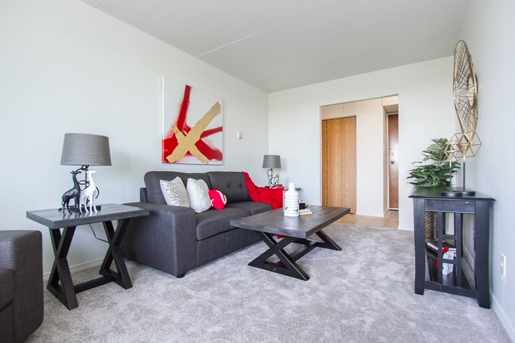 a living room with grey carpet and white walls