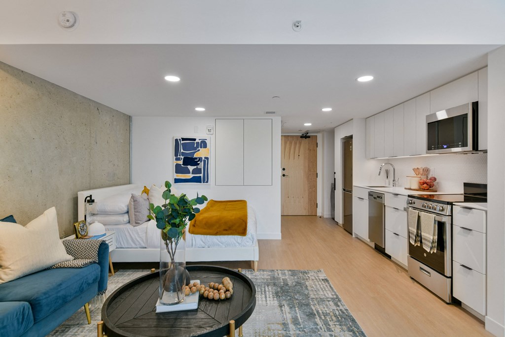 a living room with a couch and a table