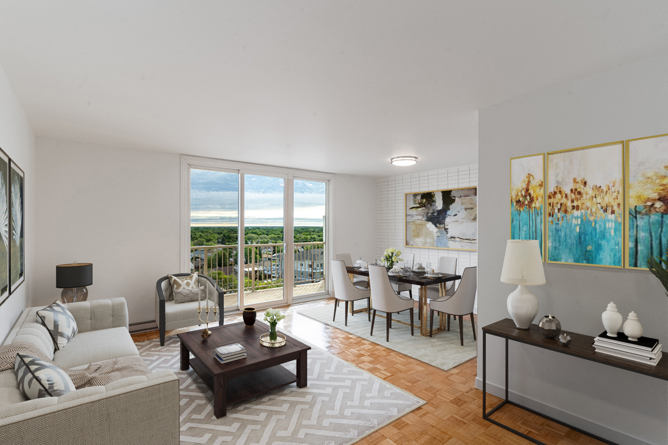 a living room with a couch and a table with chairs