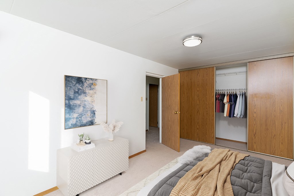 a bedroom with a bed and a closet