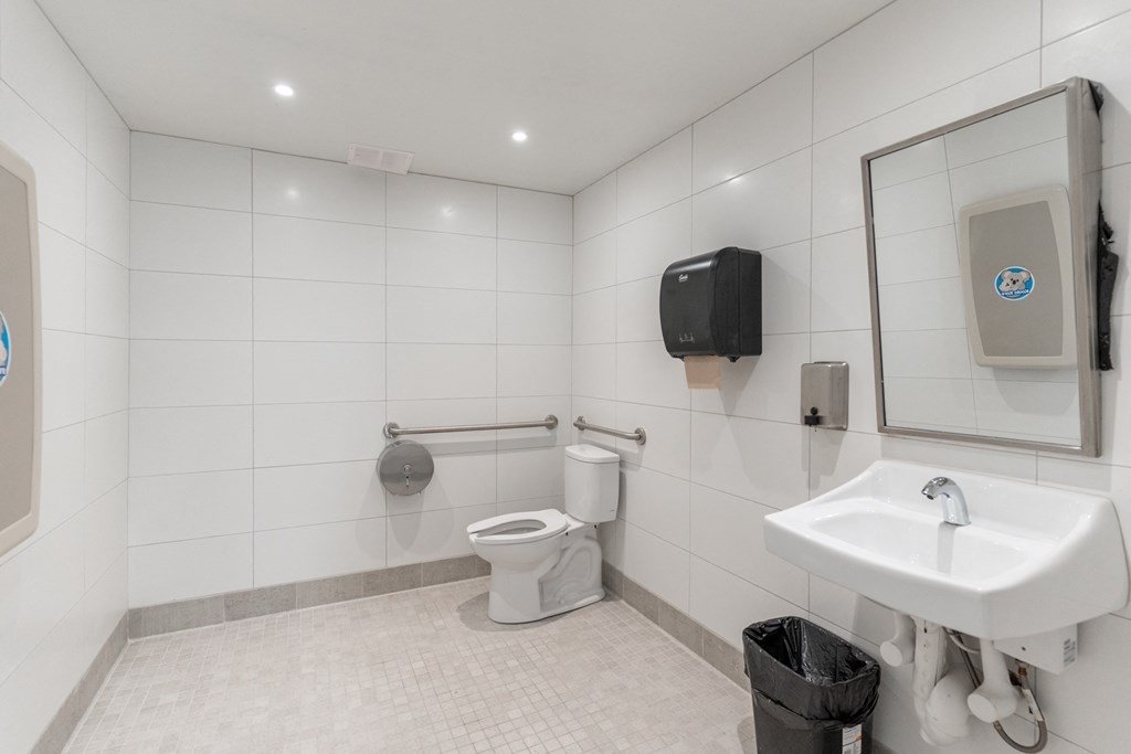 a bathroom with a toilet sink and mirror
