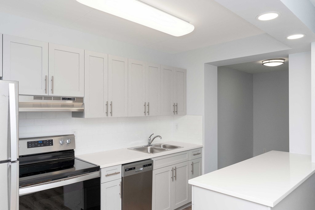 a kitchen with white cabinets and stainless steel appliances