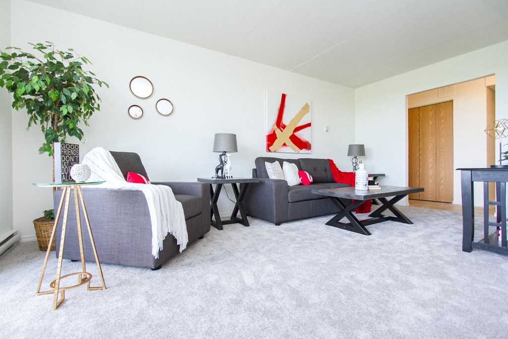 a living room with two couches and a table