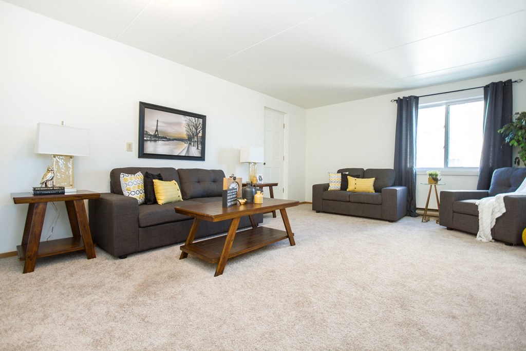 a living room with two couches and a coffee table
