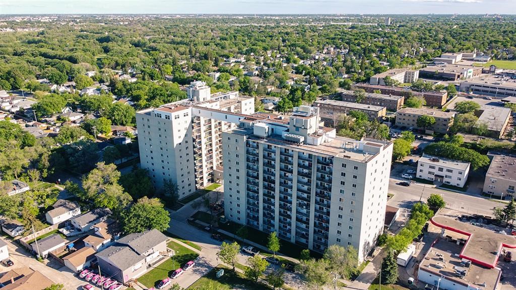 an aerial view of a large building in a city