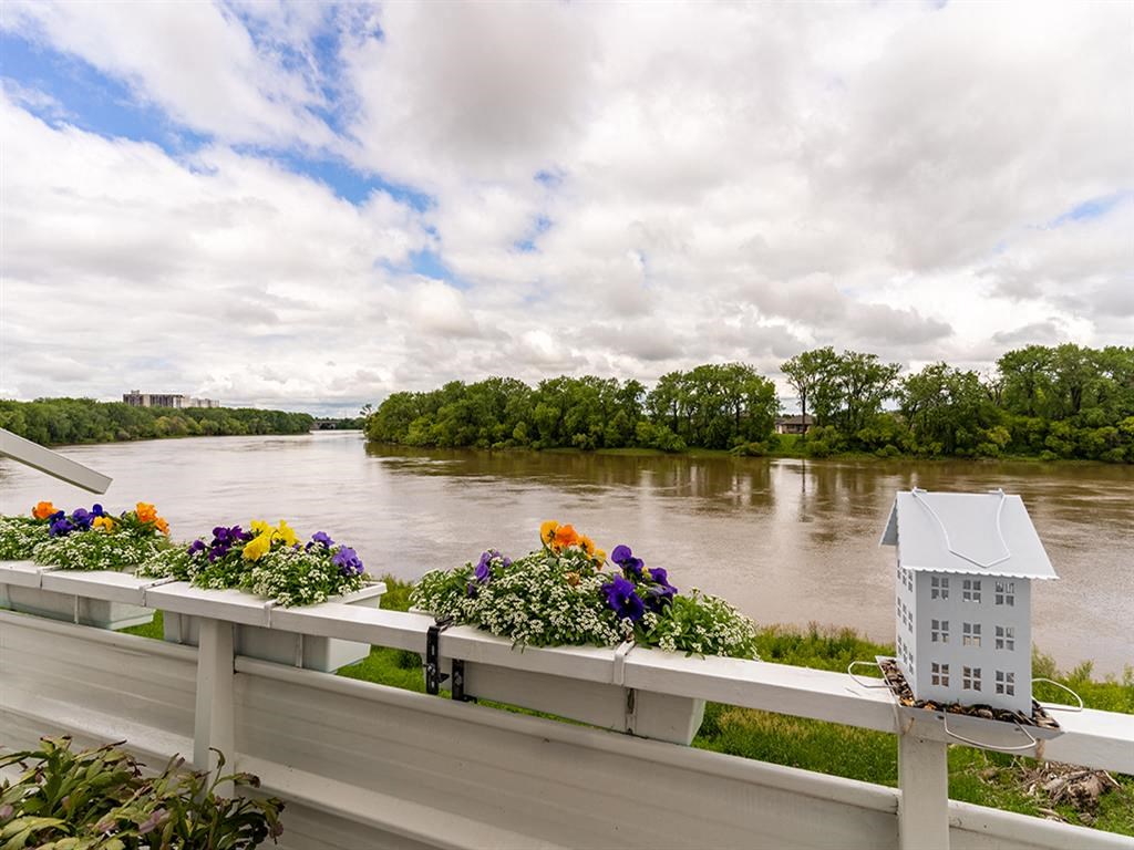 a view of a river from a balcony with flowers