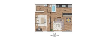 A floor plan of a one bedroom apartment with a bath and a living room.