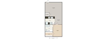 A floor plan of a one bedroom apartment with one bath.
