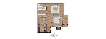 A4 floor plan of a 1 bedroom apartment with 1 bathroom.