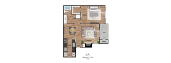 A5 floor plan of a 1 bedroom, 1 bathroom apartment.