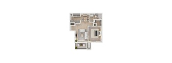 A top-down view of a house layout with a kitchen, living room, and bathroom.