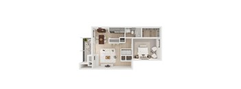 A top-down view of a small apartment with a kitchen, living room, and bathroom.