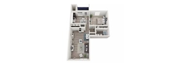 A top-down view of a modern apartment layout.
