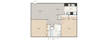 A floor plan of a one bedroom apartment with a living room, dining room, kitchen, and bathroom.