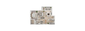 A top-down view of a modern apartment layout with a kitchen, living room, and bathroom.