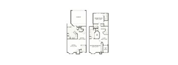 A floor plan of a house with a garage, dining area, living room, and two bedrooms.