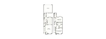 A floor plan of a house with a garage, living room, and two bedrooms.