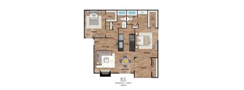 A floor plan of a 2 bedroom, 2 bath apartment in the B3 building.