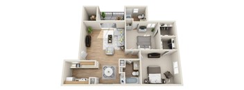 A 3D floor plan of a house with a kitchen, living room, and bedrooms.