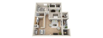 A 3D floor plan of a house with various rooms and furniture.