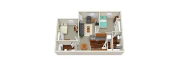 A 3D floor plan of a house with a kitchen, living room, and two bedrooms.