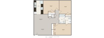A floor plan of a three bedroom apartment with one and a half bathrooms.