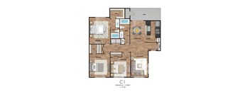 A floor plan of a home with three bedrooms, two bathrooms, a living room, a dining room, a kitchen, a pantry, and a patio.