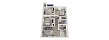 A white floor plan of a house with a kitchen, living room, and two bedrooms.