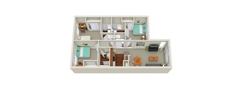 A 3D floor plan of a small apartment with two bedrooms and a living area.