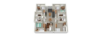 A 3D floor plan of a house with multiple rooms and furniture.