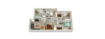 A 3D rendered image of a house layout.