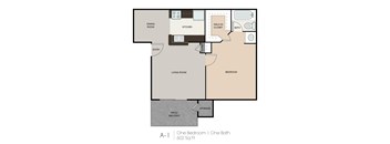 A floor plan of a one bedroom apartment with one bath and a balcony.