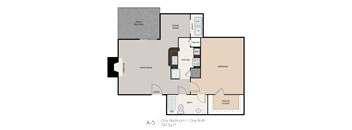 A floor plan of a one bedroom apartment with one bath.